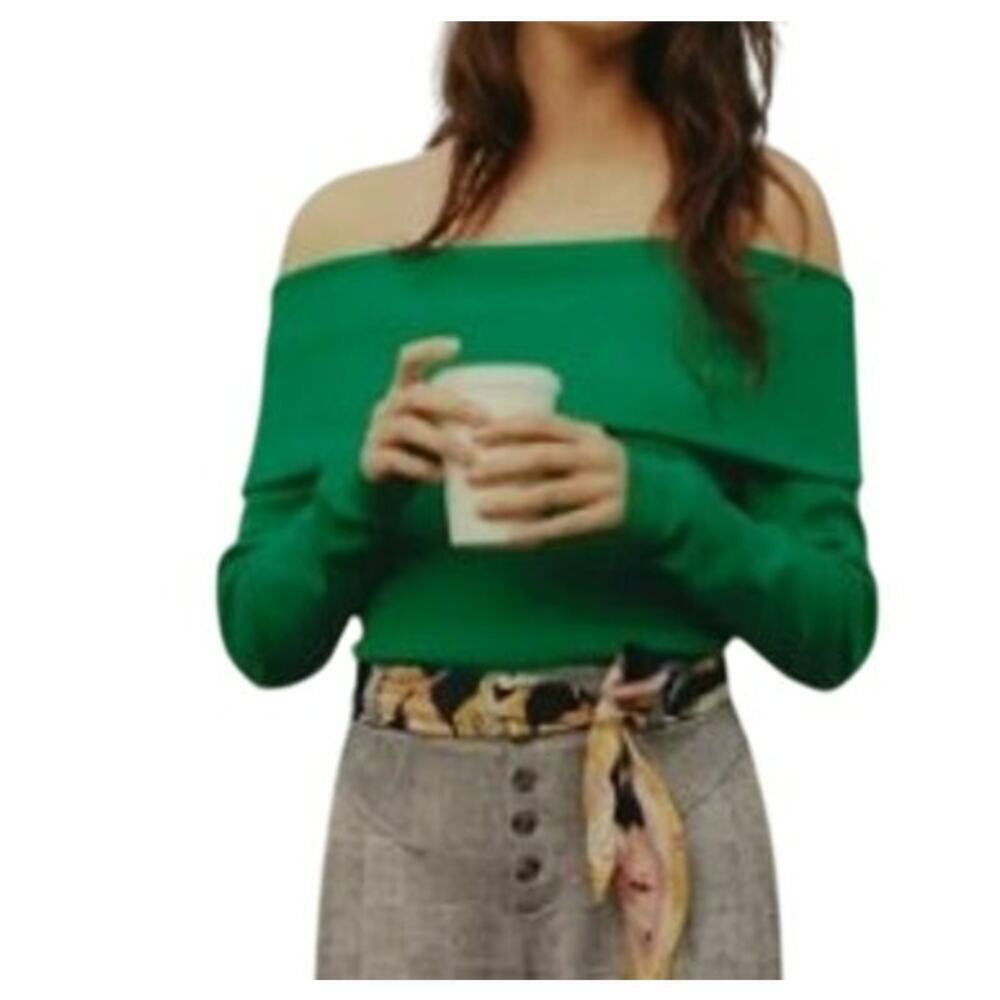 Anthropologie Ett:Twa Cecily Off Shoulder Pullover Sweater Green Size Medium